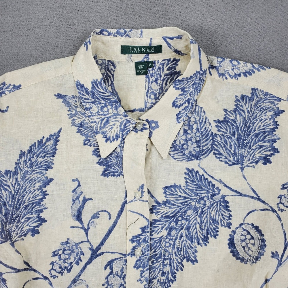 Ralph Lauren Button Down Shirt Women 2X Blue Cream Linen Floral 3/4 Sleeve - Picture 2 of 6